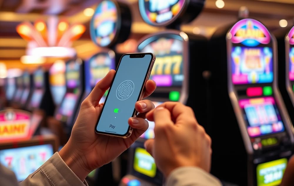 Person som betaler med Apple Pay på casino via iPhone med Face ID