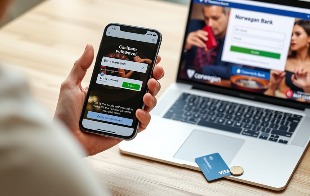 Person som tar ut penger fra casino via bankoverføring – mobil og nettbank synlig