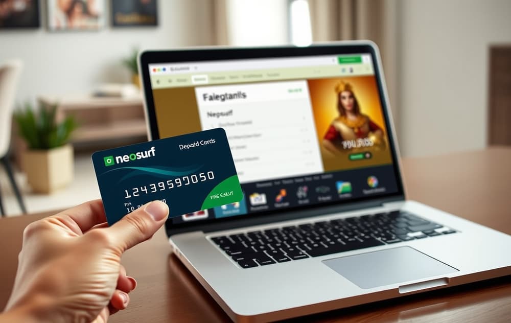 Person med Neosurf kupong og PIN foran laptop med casinoinnskudd