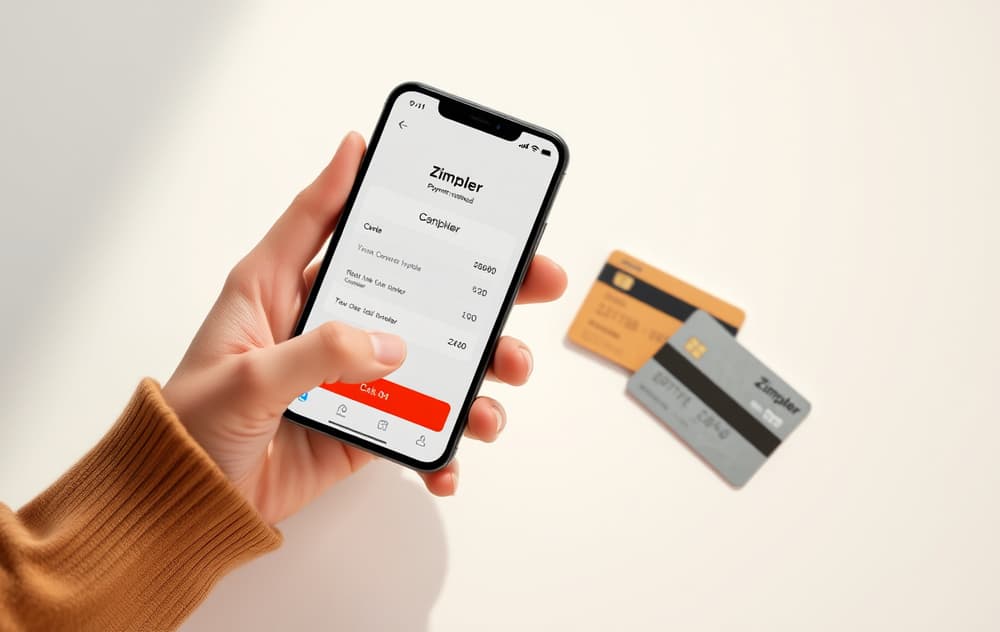 Mobiltelefon med Zimpler valgt i casinoets kasse, ved siden av et betalingskort og bankkort.