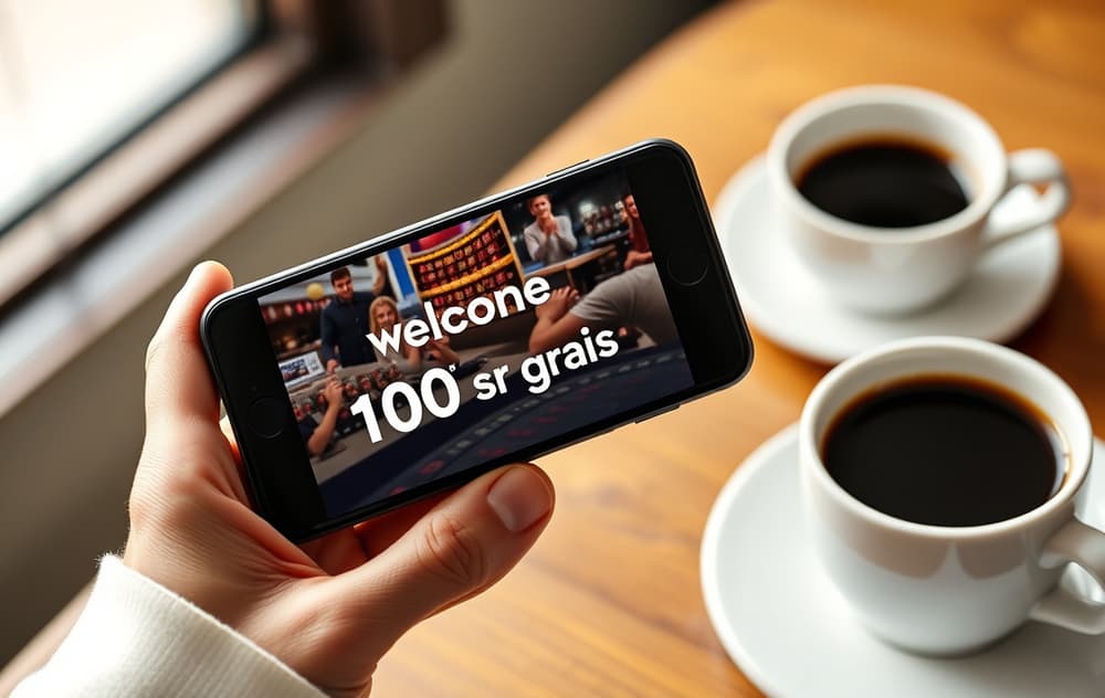 En person holder en mobiltelefon som viser en norsk nettcasinovelkomst med '100 kr gratis'