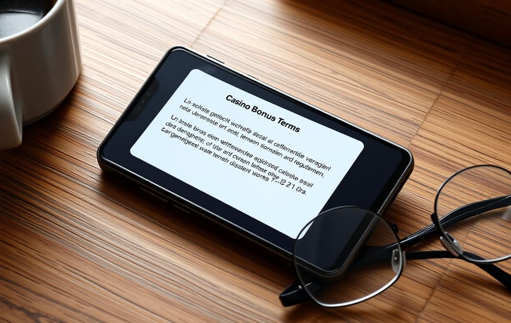 Smarttelefon med casino bonus-vilkår på norsk, kaffekopp og lesebriller på et skrivebord.