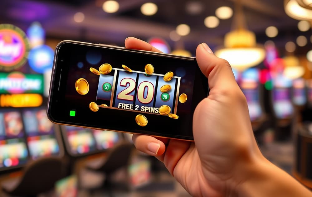 Mobilskjerm som viser gratisspinn med 20 spinn, slotmaskin i bakgrunnen, casinostemning