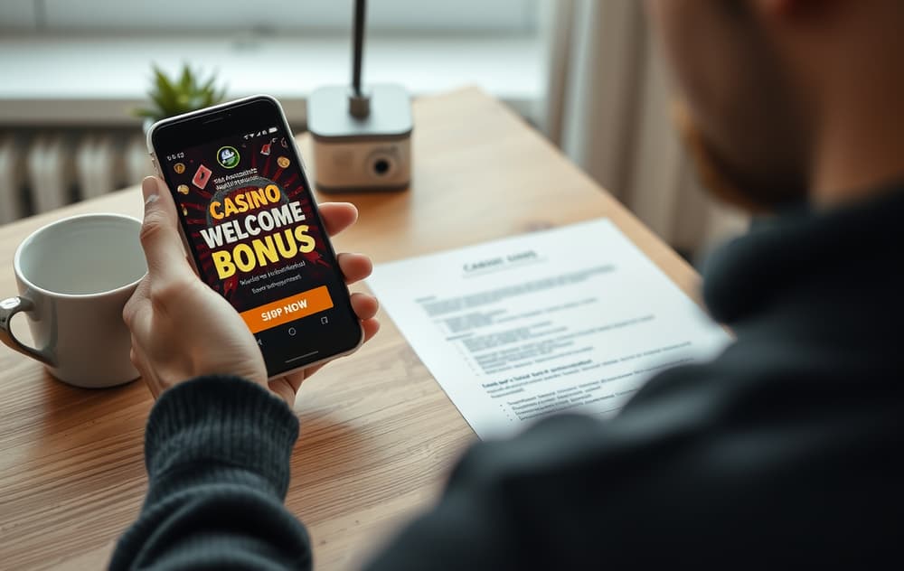 Person som leser vilkår for velkomstbonus på mobiltelefon ved skrivebord