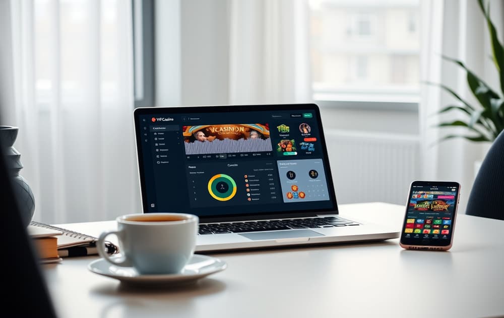 VIP casino dashboard på norsk spiller sitt skrivebord med laptop og mobil