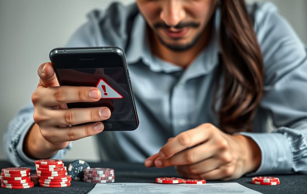 Person som ser på mobilen med et advarselsikon, kasinochips på bordet