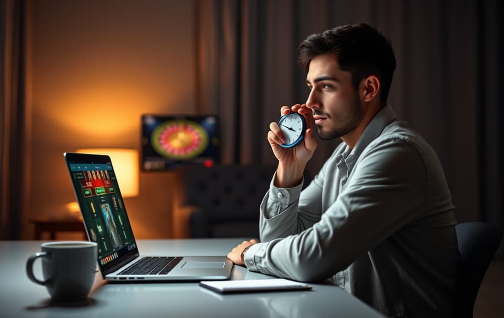 En person sitter rolig ved en laptop med en stoppeklokke i hånden, symbol på ansvarlig spilling og tidsbegrensning.