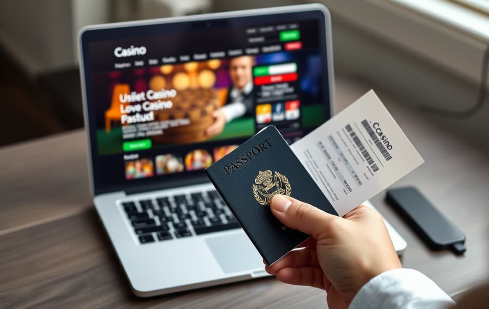 Person som holder pass og strømregning foran en bærbar PC med casino-nettside synlig