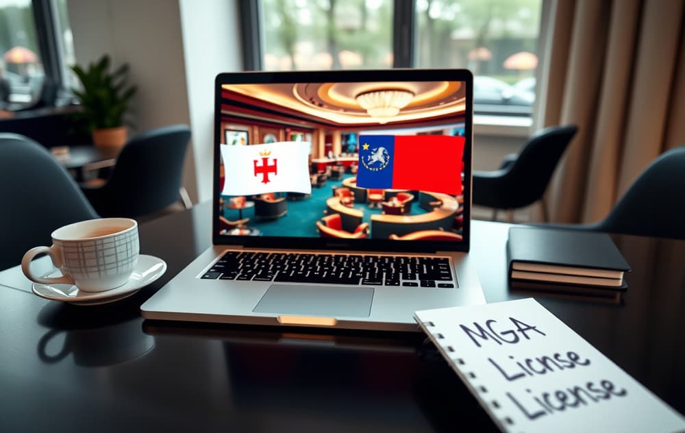 Bilde av en laptop med casino-lobby, kaffekopp og notatbok med MGA-lisens, profesjonell stil