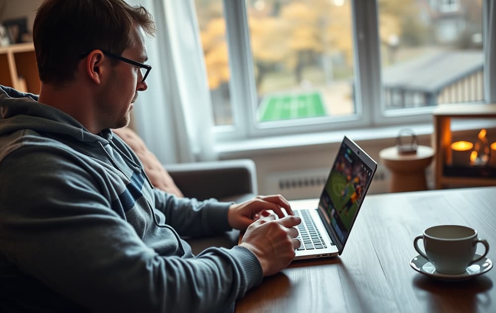 En mann sammenligner fotballodds på bærbar PC med mobiltelefon ved siden av