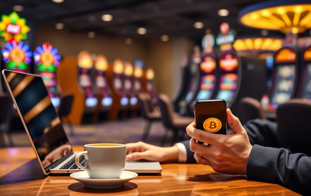 Person som spiller på krypto-casino via laptop og mobil, med Bitcoin-symbol på skjermen.
