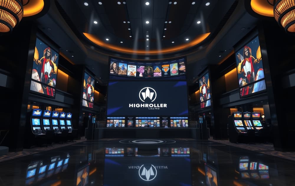 Highroller Casino mørk og stilren lobby med spillutvalg på digital skjerm.