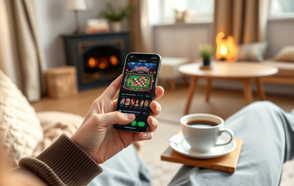 Person som spiller mobilcasino på smarttelefon i stuen