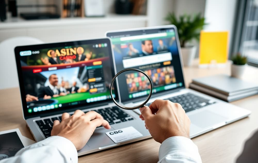 En person som sammenligner to nettcasinoer på laptop, med forstørrelsesglass over lisensmerke.