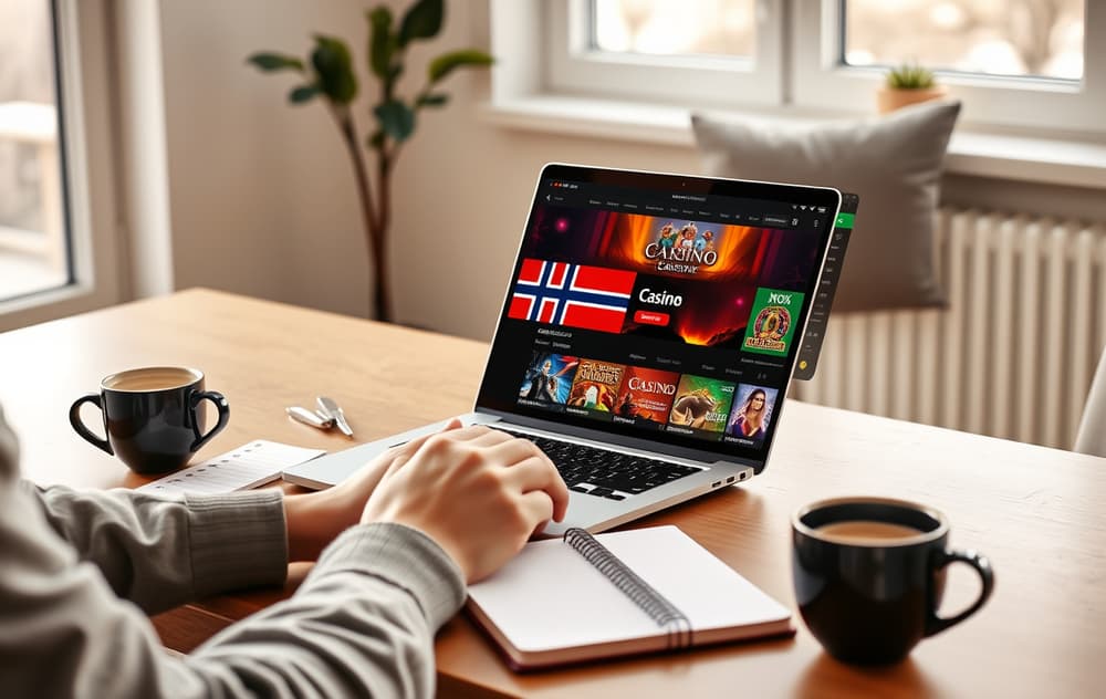 En person sammenligner norske casinoer på en bærbar PC med notater og kaffe ved siden av