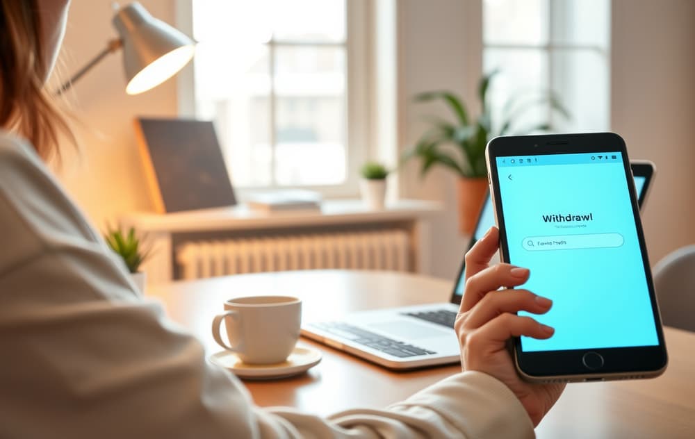 Person som sjekker uttaksbekreftelse på mobilen ved et moderne skrivebord