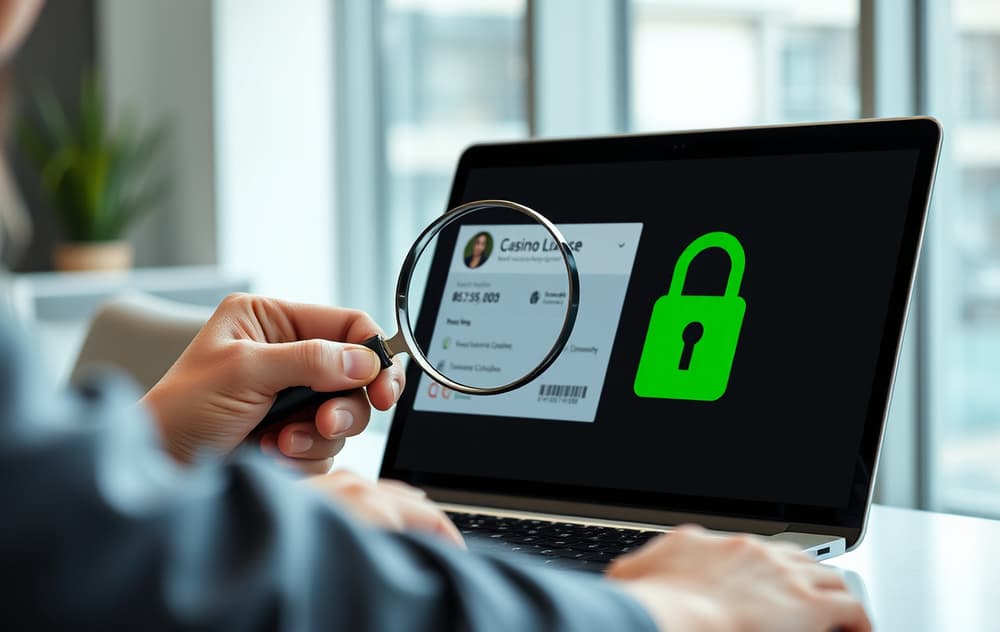 Person som studerer en casinolisens og SSL-symbol på en dataskjerm