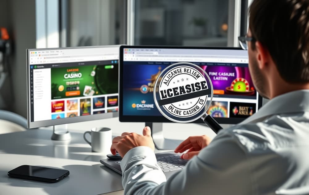 Person som sammenligner utenlandske casino på en dataskjerm med forstørrelsesglass over lisenslogo