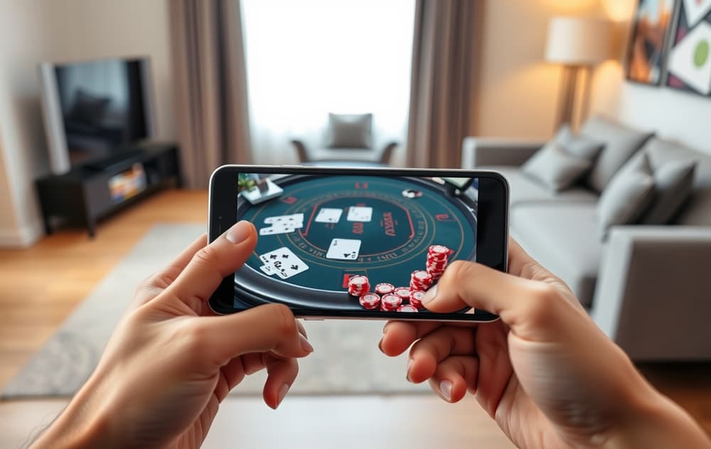 Mobiltelefon som viser et blackjack-bord med kort og sjetonger, liggende på et bord i en stue.